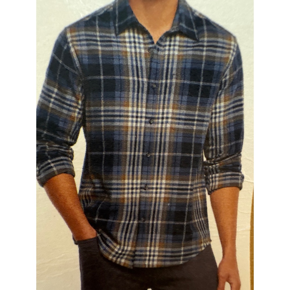 Eddie Bauer Mens Flannel Shirt Blue Brown Plaid Long Sleeve S EB008604 NEW